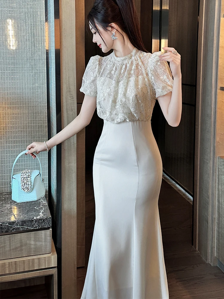 Elegant Style Long Date Dress Women Sweet Gentle Sheer Lace Spliced Sequins High Waist Fishtail Robe Female Party Vestidos Mujer
