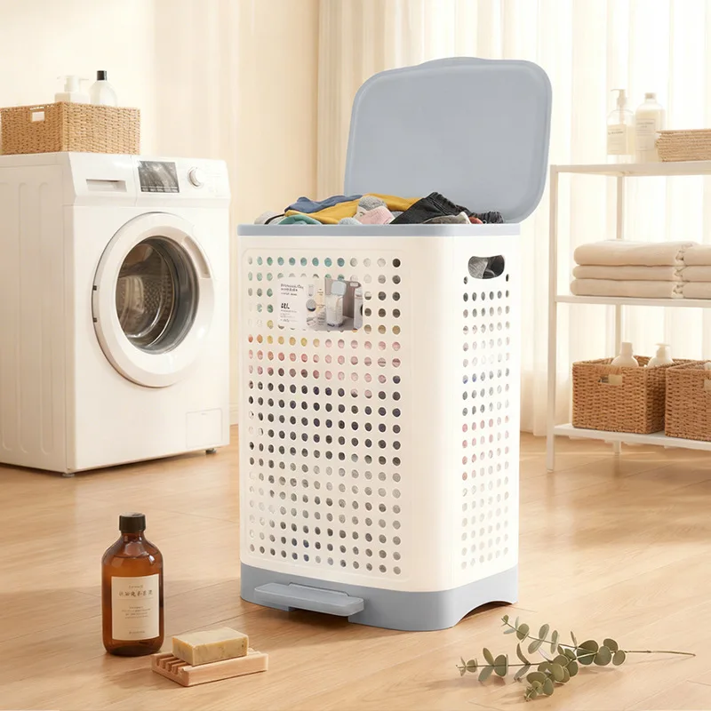 Large Capacity Folding Dirty Clothes Basket Dust-proof Plastic Rolling Laundry Basket with Mute Wheels Detachable