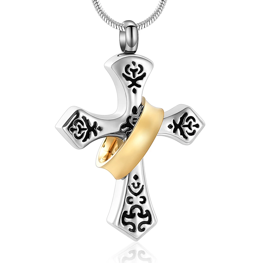 Vintage Cremation Jewelry Cross With Ring Urn Necklace For Human/Pet Ashes Stainless Steel Memorial Men's Gift Keepsake