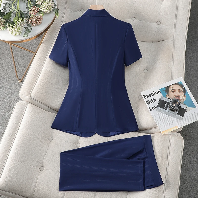 NAVIU Mode dames 2-delige formele broekpak set gestreepte zakelijke werkkleding kantoorblazer en broek met korte mouwen