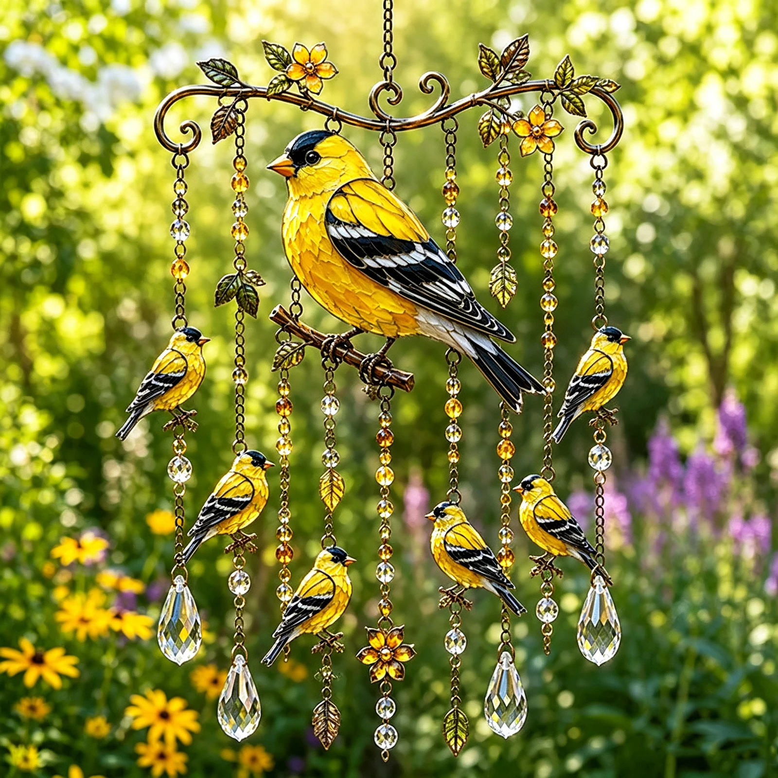 Graceful Bird Wind Chime with Crystal Pendants Stained Glass & Crystal Sun Catcher Windchime Birds Painting Winds Chime