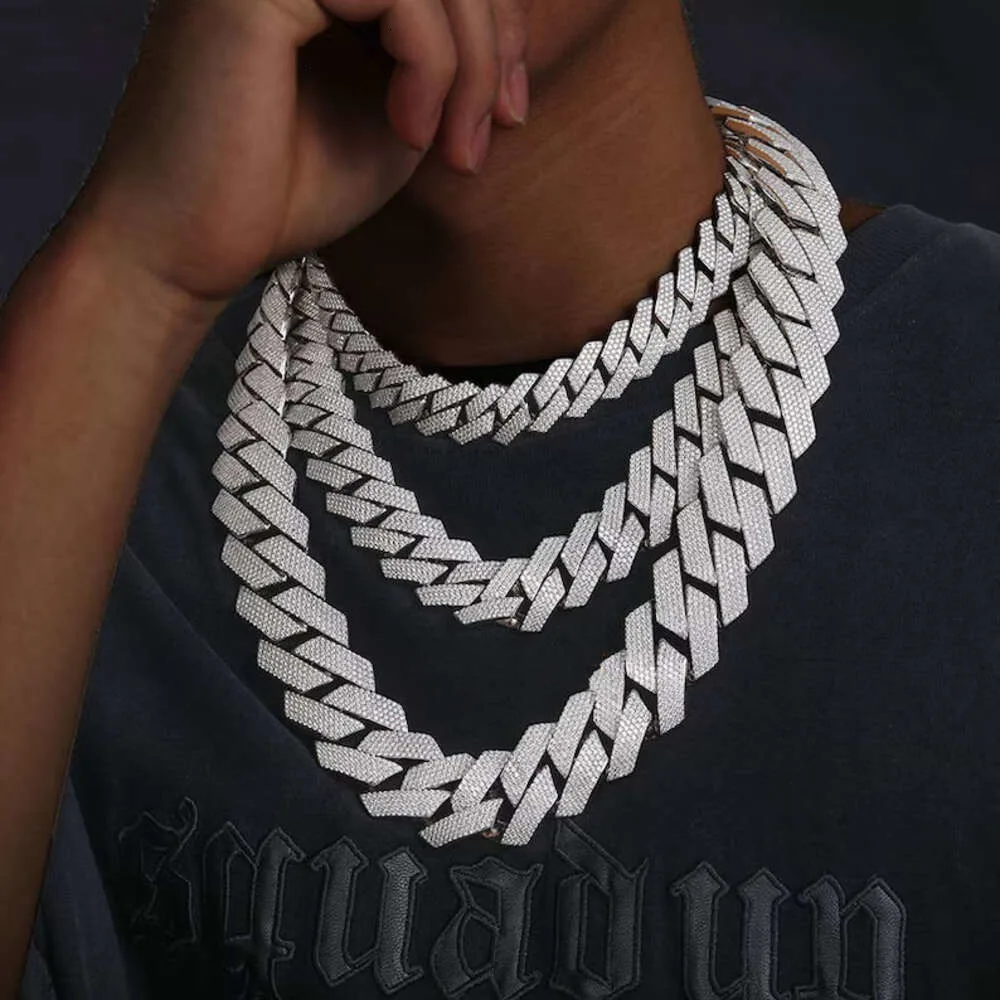 

Ювелирные изделия Iced Out, стерлинговое серебро 925 пробы, муассанит, 18 мм, 3 ряда, хип-хоп, муассанит, кубинская цепочка