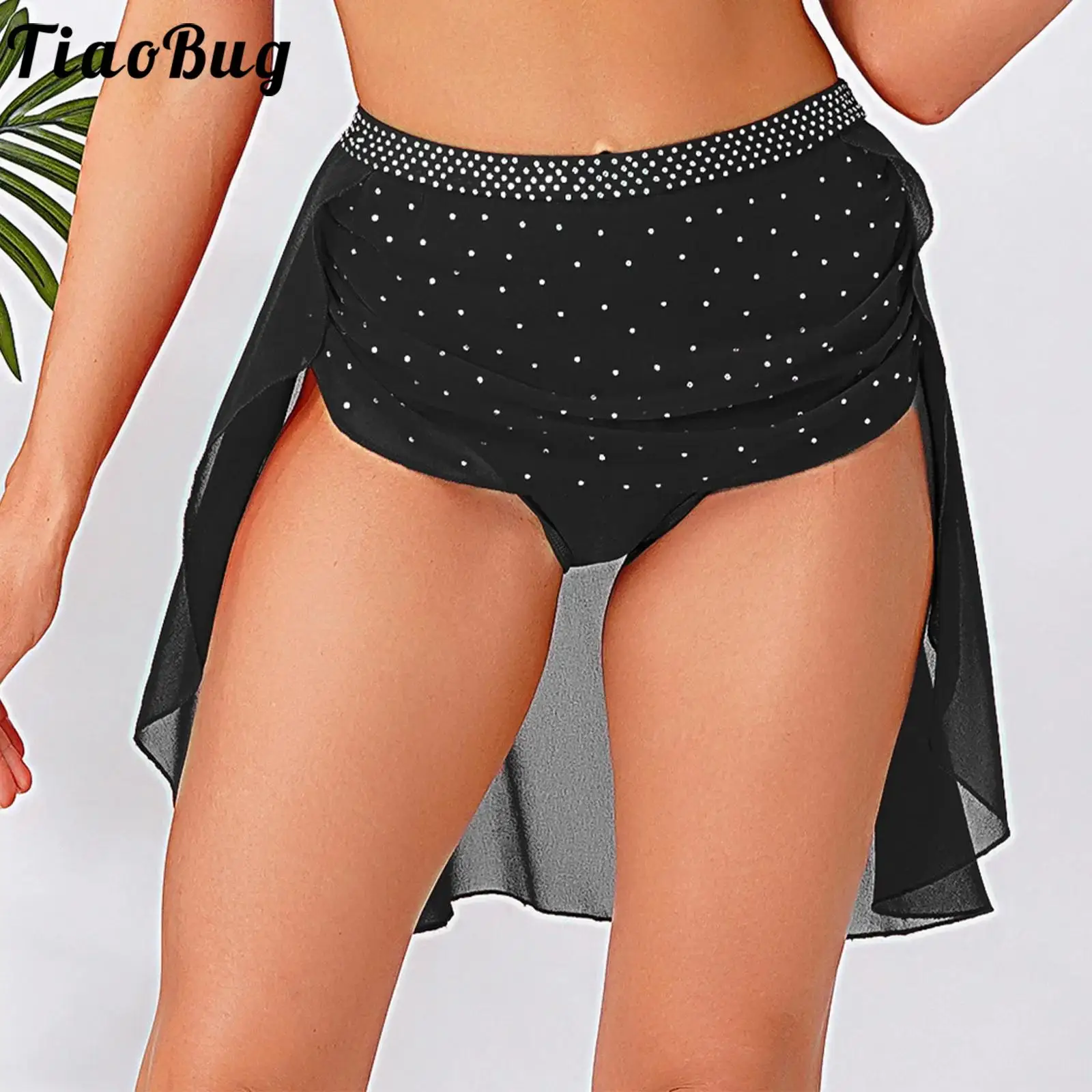 

Women Modern Dance Figure Skating Lyrical Skirts Dance Competition Rhinestones Chiffon Irregular Hem Briefs Skirt Dancewear