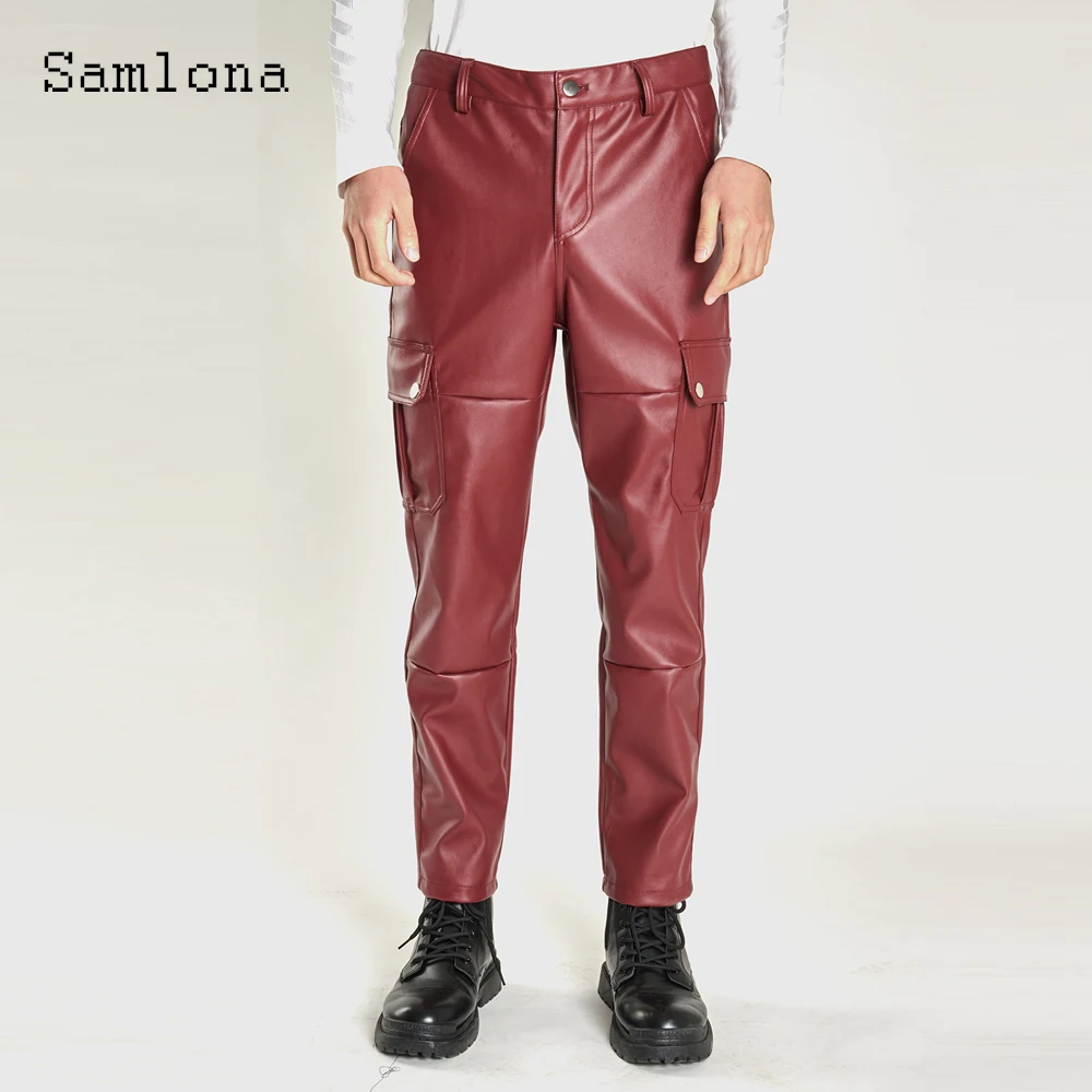 2025 الرجال الوقوف جيب موضة بولي بنطال بنطال جلدي في الهواء الطلق كامو البضائع بنطلون حجم كبير 5xl رجل خمر اللاتكس مستقيم السراويل جديد