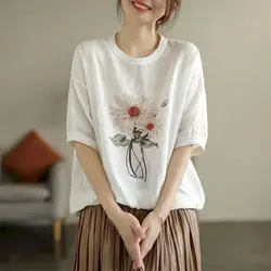 Cotton Linen T Shirts Women Art Nature Flower T-shirt Casual Loose Vintage Printed Short Sleeve Tops Summer Trend Thin Tshirt