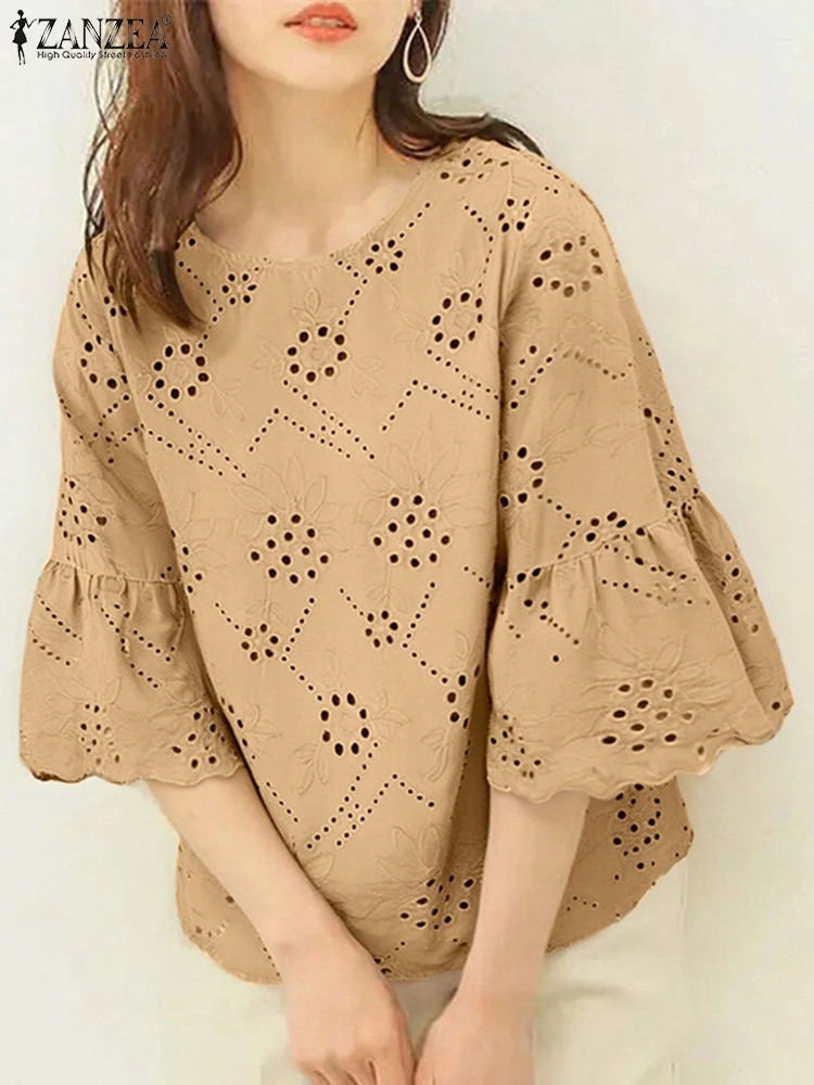 

ZANZEA Womens Fashion Openwork Embroidered Blouses 2025 Summer Casual O-Neck 3/4 Flared Sleeve Patchwork Blusas Mujer Solid Tops