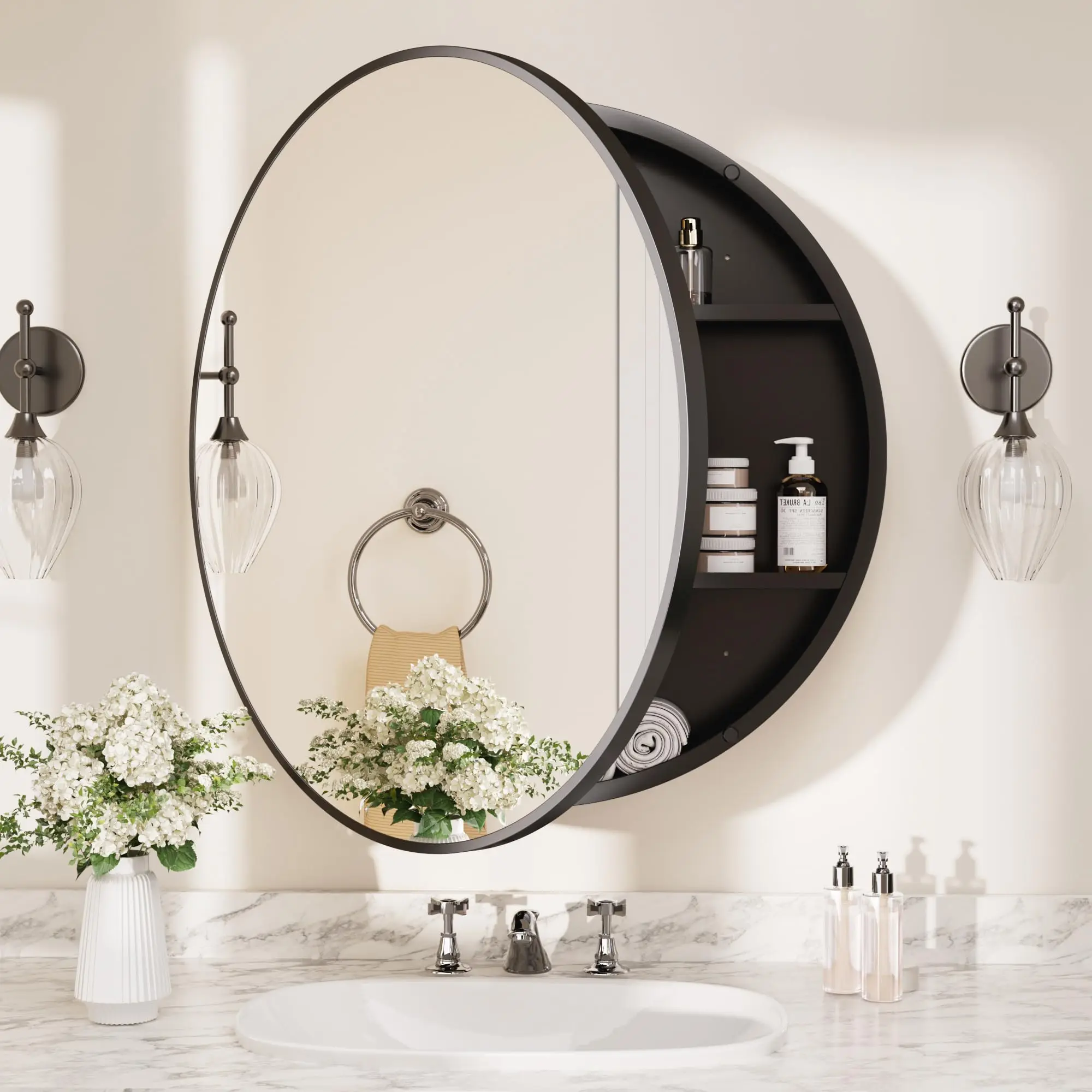 24 x 24 Inch Medicine Cabinet Mirror Black Framed Round Mirrored Medicine Cabinets for Bathroom Adjustable Shelves