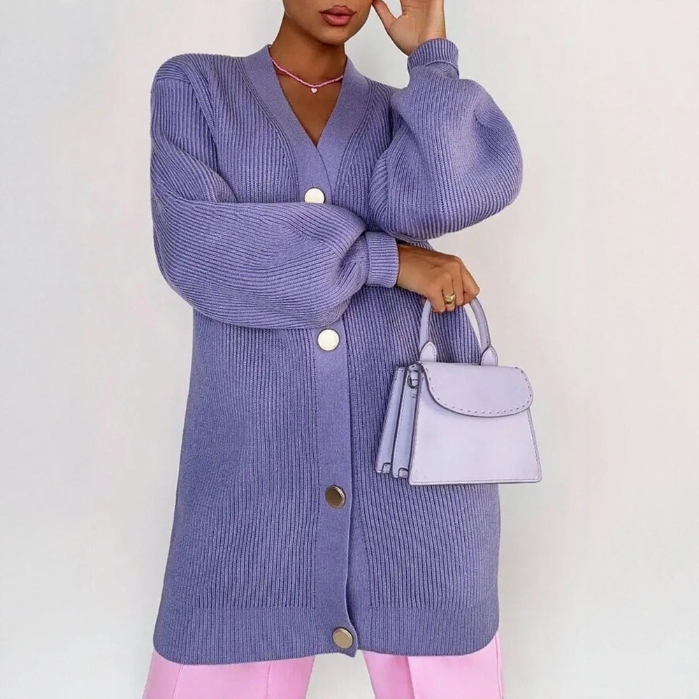 

Women's Mid-Length Knitted Cardigan V-Neck Loose Fit Casual Knitwear Jacket Pure Color Early Autumn European American Style