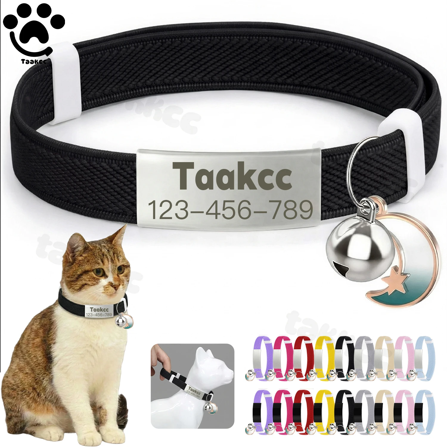 Collier élastique personnalisé pour chat avec clochette, boucle de sécurité et étiquette nominative gravée gratuitement pour chiot et chaton