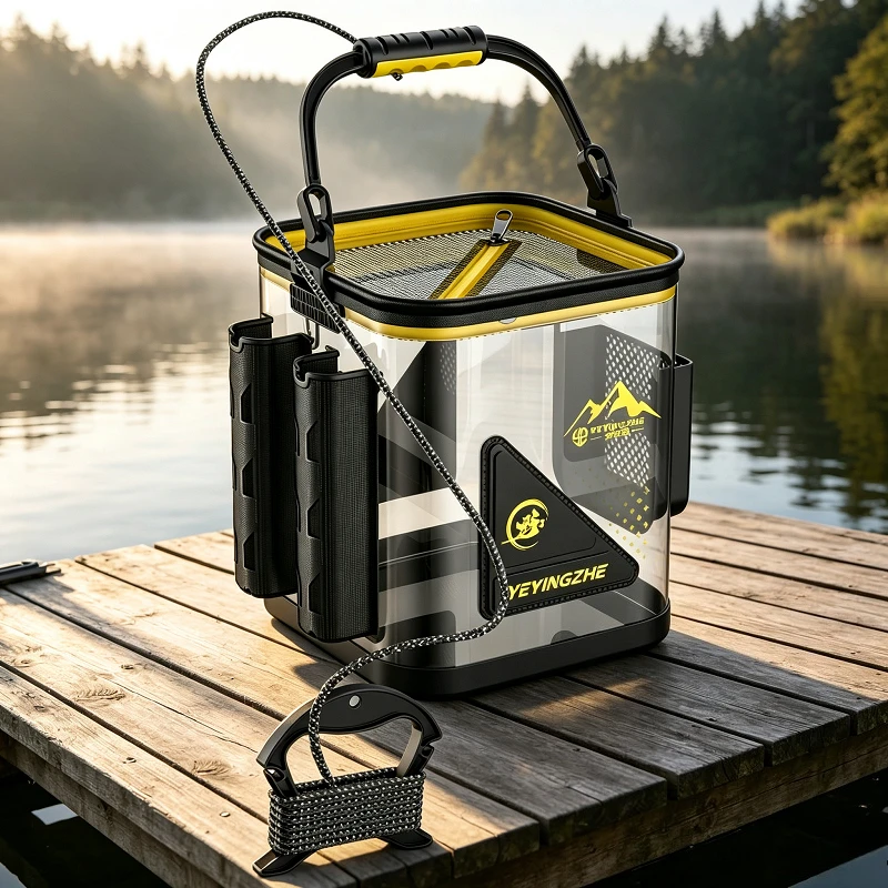 Premium Heightened Transparent Foldable Live Fish Bucket, New Design Portable Small Fishing Pail with Built-in Rod Holder