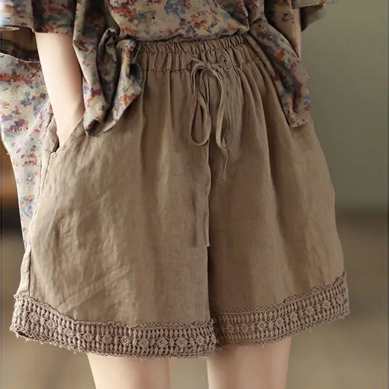 Women's Lace Trim Cotton Linen Shorts 2026 New Summer Solid Color Wide-leg Casual Shorts Female Lace-up Waist Loose Shorts Pants