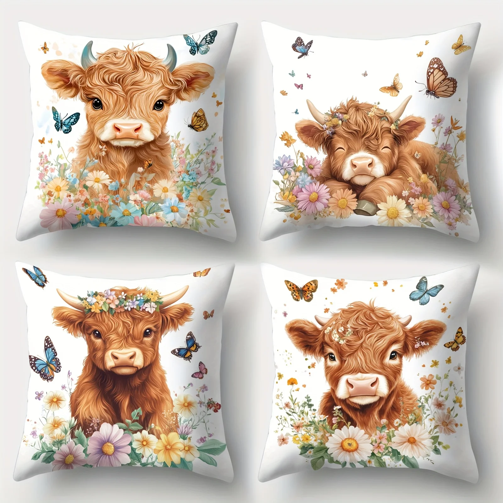4Pcs Cute Calf Pillow Covers 45x45cm Double-sided Printed Cushion Cases Floral Butterfly Home Decor Throw Pillows No Insert