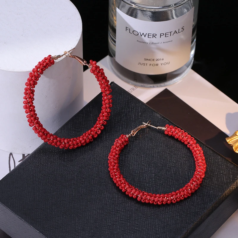 Colorful Bohemian Tiny Beads Wrap Hoop Earrings For Women Handmade Boho Vintage Gold Color Hoops Big Statement Jewelry Earrings