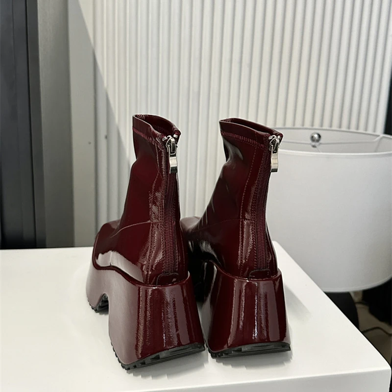 Wine Red Ankle Boots Women 9cm High Heels Platforms Wedges Boots Black Patent Leather Square Toe Chunky Shoes Botas De Mujer