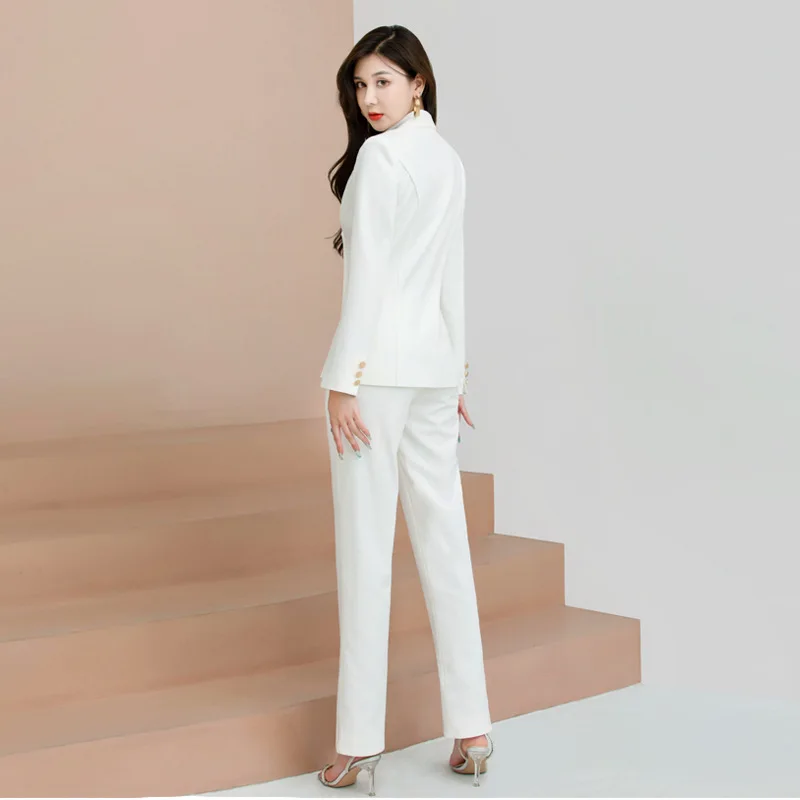 White Women Suits Office Set Elegant Blazer+Pants Spring Split Trousers Prom Dress 2 Pieces Formal Business Daily Coat In Stock