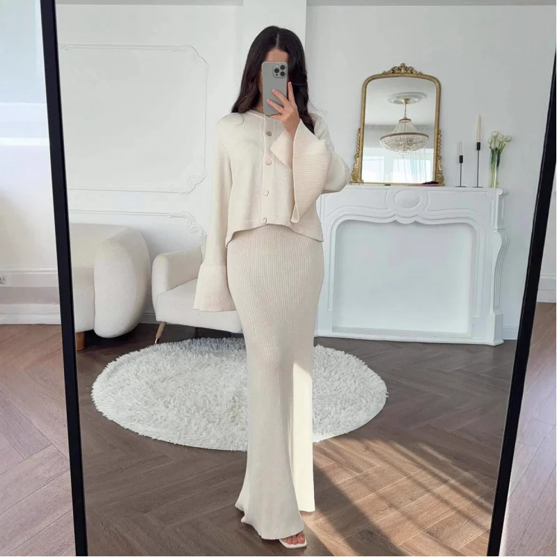 欧米レディースファッション2025秋新作ラウンドネックボタンカーディガンコートニットセーターワンピース