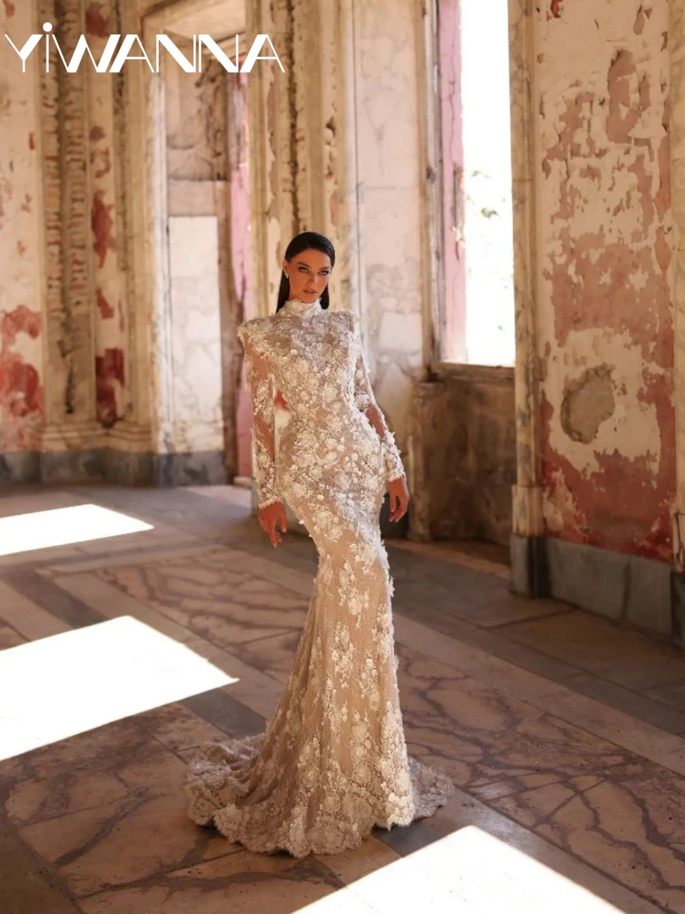 حالمة الدانتيل ثلاثية الأبعاد زهرة حورية البحر فستان زفاف طويل متواضع عالية طوق فستان زفاف 2026 جديد مخصص مفتوح الظهر فساتين للعروس #1