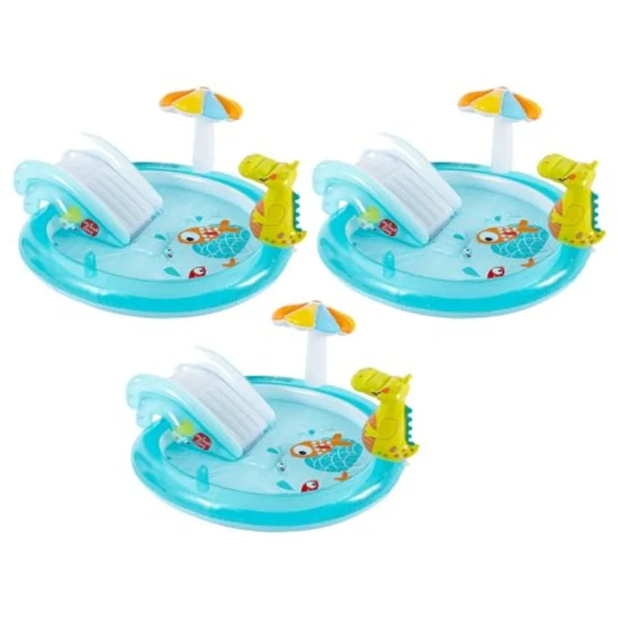 

6.6ft x 5.6ft x 4in Outdoor Inflatable Kiddie Pool Water Play Center with Slide for Toddlers Ages 2 and Up Blue PVC Material Fu