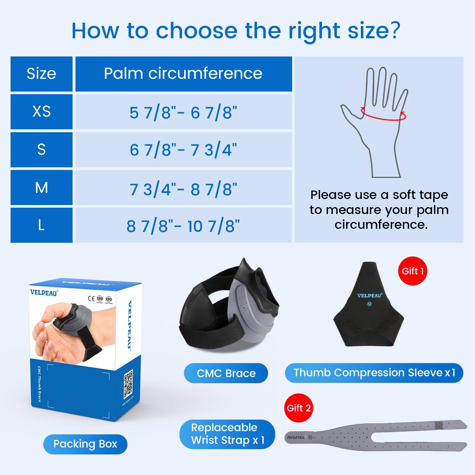 VELPEAU CMC Thumb Brace with Compression Sleeve, Thumb Joint Splint for Osteoarthritis Arthritis and Basal Thumb Support