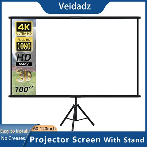 VEIDADZ Projector Screen With Stand Foldable White Less Creases 60 84 100 120 inch Soft Double Sided Screen Home Theater Outdoor