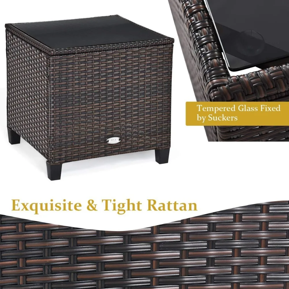 Set perabotan teras 3 buah, anyaman rotan PE 3 buah Set Sofa luar ruangan dengan bantal yang dapat dicuci dan kaca antigores atas meja