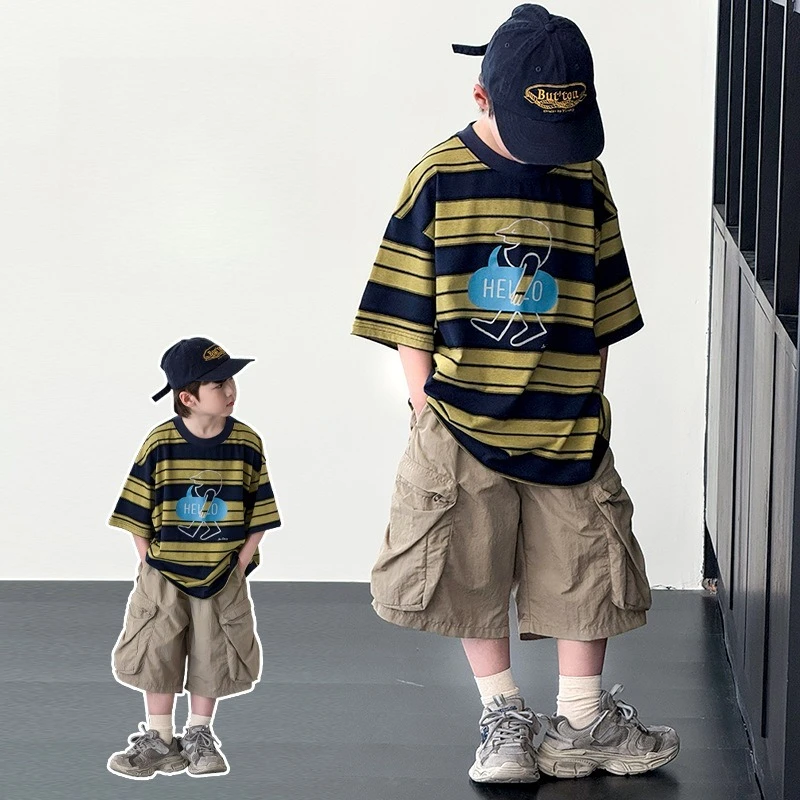 

2025 New Boys Summer Striped Short Sleeve T-Shirt Fried Street Children's Summer Dress Half Sleeve