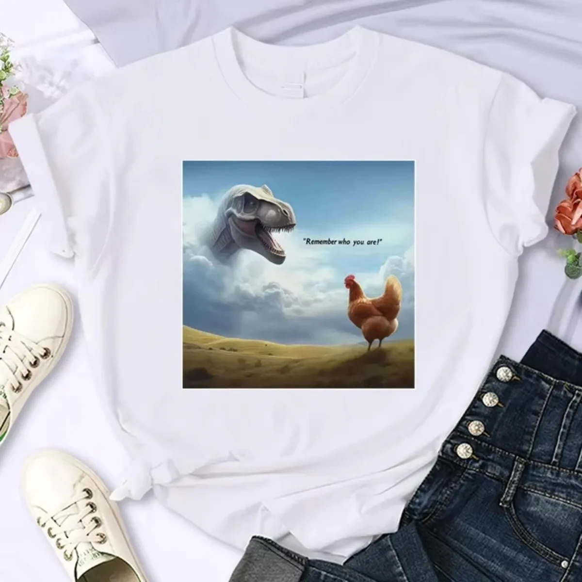 Funny Women T-shirt Remember Who You Are!  Dinosaur Chicken Clothing High Street Fashion Streetwear Casual Short Sleeve T-Shirts