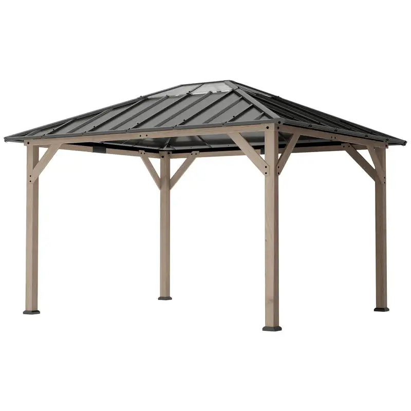 Outsunny 10' x 12' Hardtop Gazebo with Galvanized Steel Roof, UPF50+ Wood Permanent Pavilion with Clear Roof Top, Light Walnut