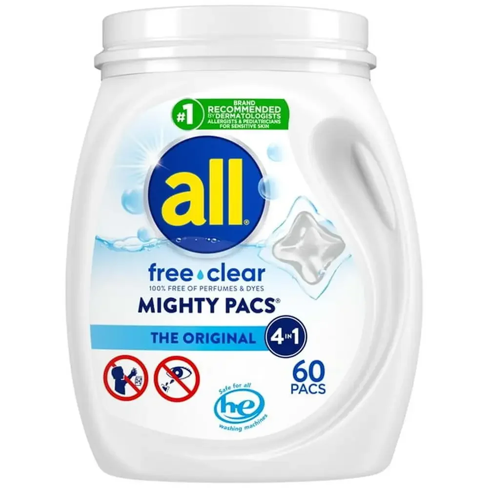 All Free Clear Mighty Pacs 60 Count Tub Hypoallergenic Sensitive Skin Detergent Removes 99% Allergens Unscented Single-Dose