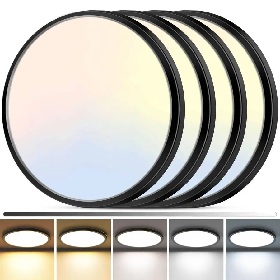 Luminária de Teto LED Embutida 4 Peças, 12 Polegadas 24W Regulável, 5 Temperaturas de Cor 3000K-6500K, Redonda Preta