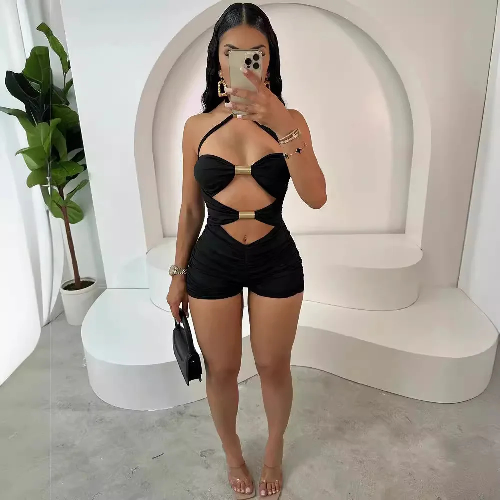 Hollow Out Metal Ring Sexy Vacation Jumpsuit Streetwear Playsuit Mujer One Piece Bodysuit Women Fashion Romper Y2K