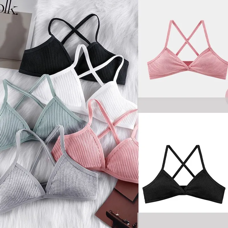 5 Pieces Women Comfort Lingerie Cotton Bras Sexy Deep V Triangle Cup Cross Beauty Bra Thin Sport Ribbed Unlined Bralette