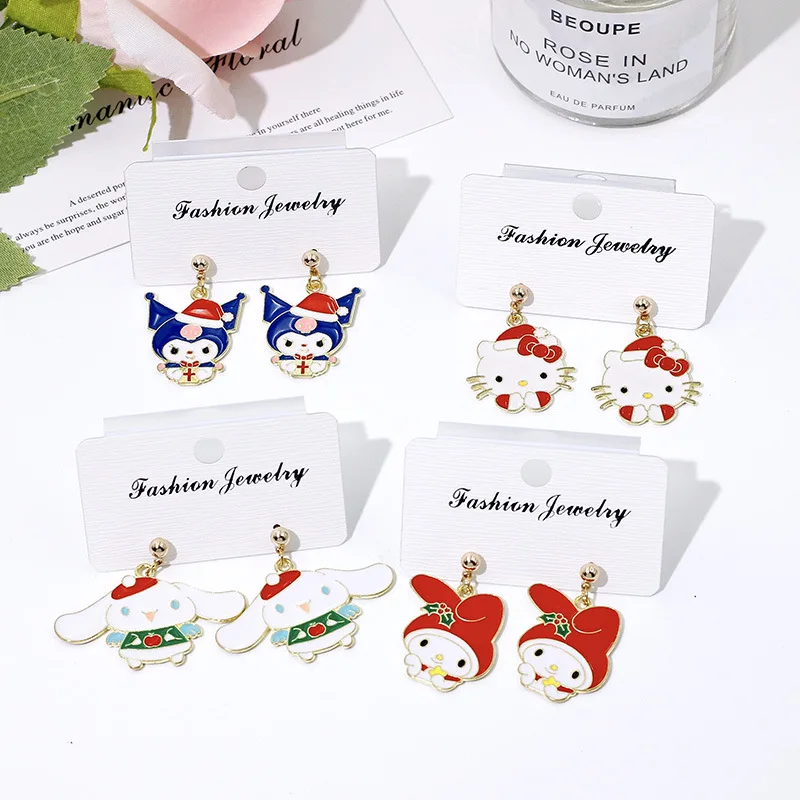 MINISO Christmas Earrings for Female Niche Design 925 Silver Needle Sanrio KT Cat Jade Guigou Pendant Earaccessory