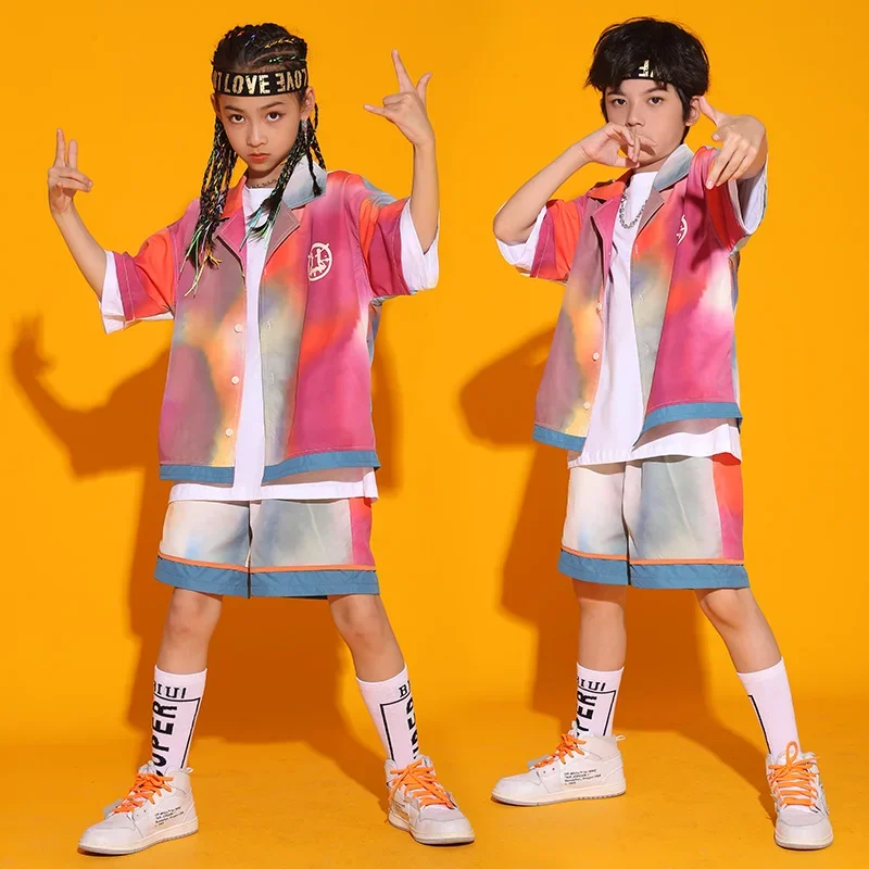 Traje de dança jazz kpop para crianças, roupas hip hop, mostrando roupas, camisa solta tingida, roupa de rua para menino e menina, verão