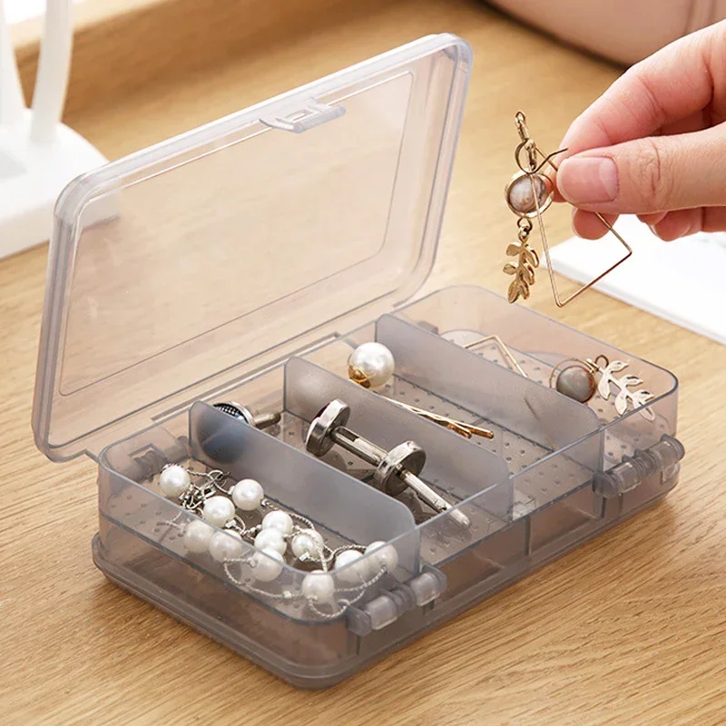 Caja de almacenamiento de joyas de plástico transparente de doble capa, contenedor organizador multiusos para pinzas para el pelo, collar,