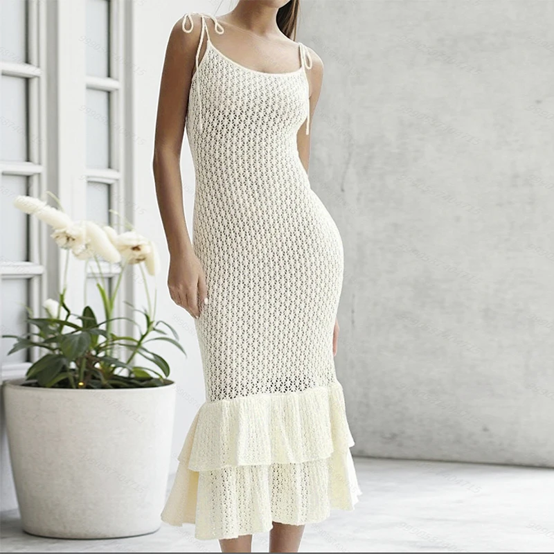 ชุดคลุมบิกินี่ถักสำหรับวันหยุดพักผ่อนริมชายหาดสำหรับผู้หญิง สีพื้น แต่งระบายสองชั้น ชุดเดรสแบบสลิป เซ็กซี่ โชว์เนื้อผ้าแบบโปร่ง ชุดคลุมชายหาด