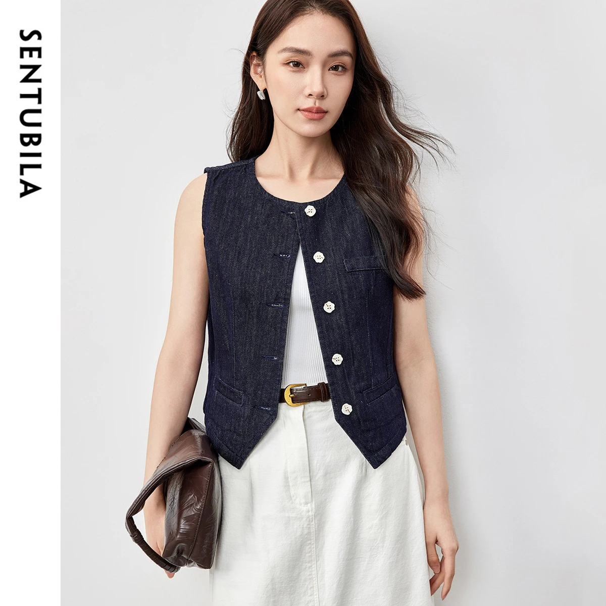 

SENTUBILA Vintage Cotton Vest Coats Women 2025 Spring Summer Straight Sleeveless O Neck Washed Single Breasted Jackets W52J59248