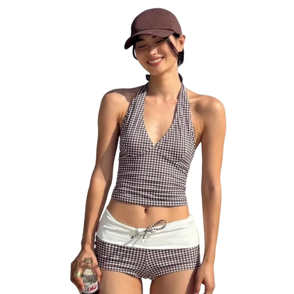 

2Pcs/Set Fashion Summer Bikini Set Push Up High Waisted Backless Swimsuit Bathing Suit Checkered Beach Bikini Vacation