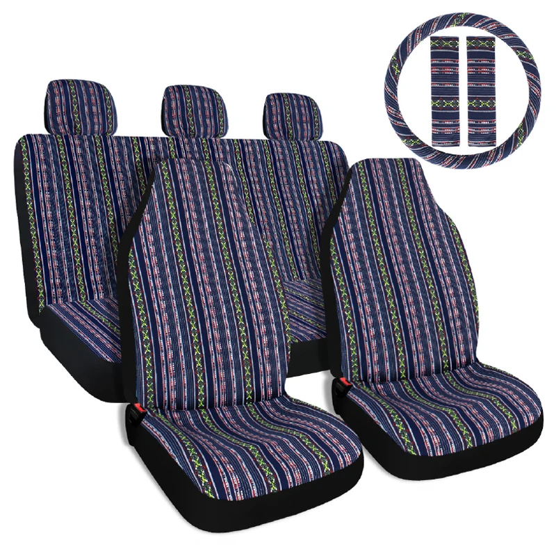 Universal Full Set Striped Car Seat Covers with Seat Belt Pads Steering Wheel Cover Coarse Thread Fabric Seat Covers For Car