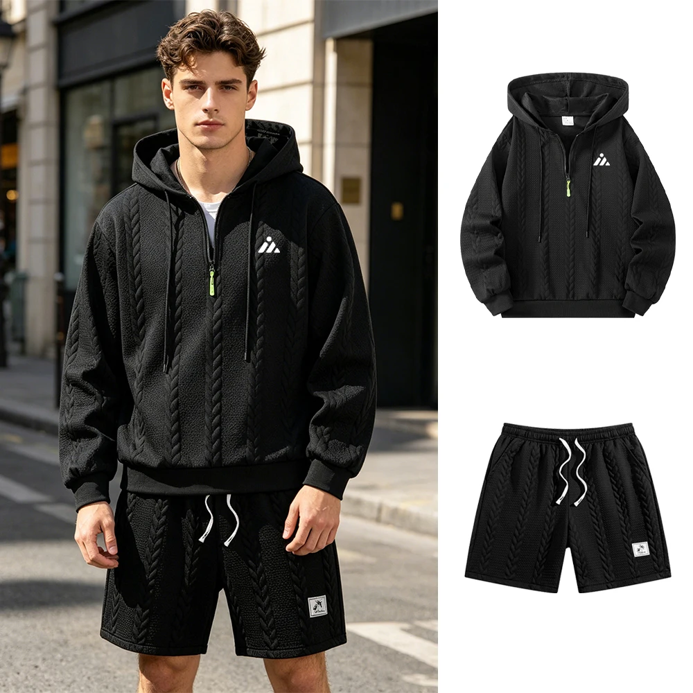 Conjunto Deportivo Casual para Hombre, Sudadera con Capucha y Media Cremallera con Estampado de Ícono Triangular Creativo y Pantalones Cortos con Cordón, para Fitness al Aire Libre, Viajes y Deportes, 2 Piezas