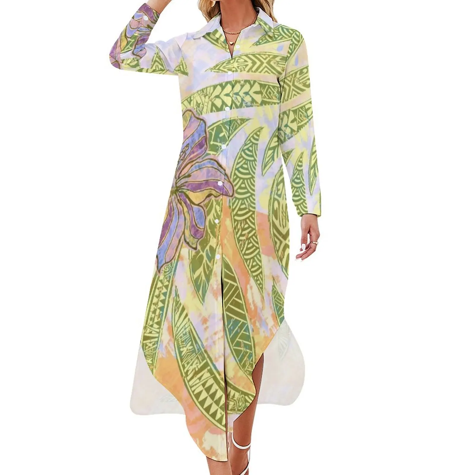 

Vintage Hawaiian - Samoan Ocean Green Painted Tribal Leaves Long Sleeved Shirt Dress evening dresses ladies