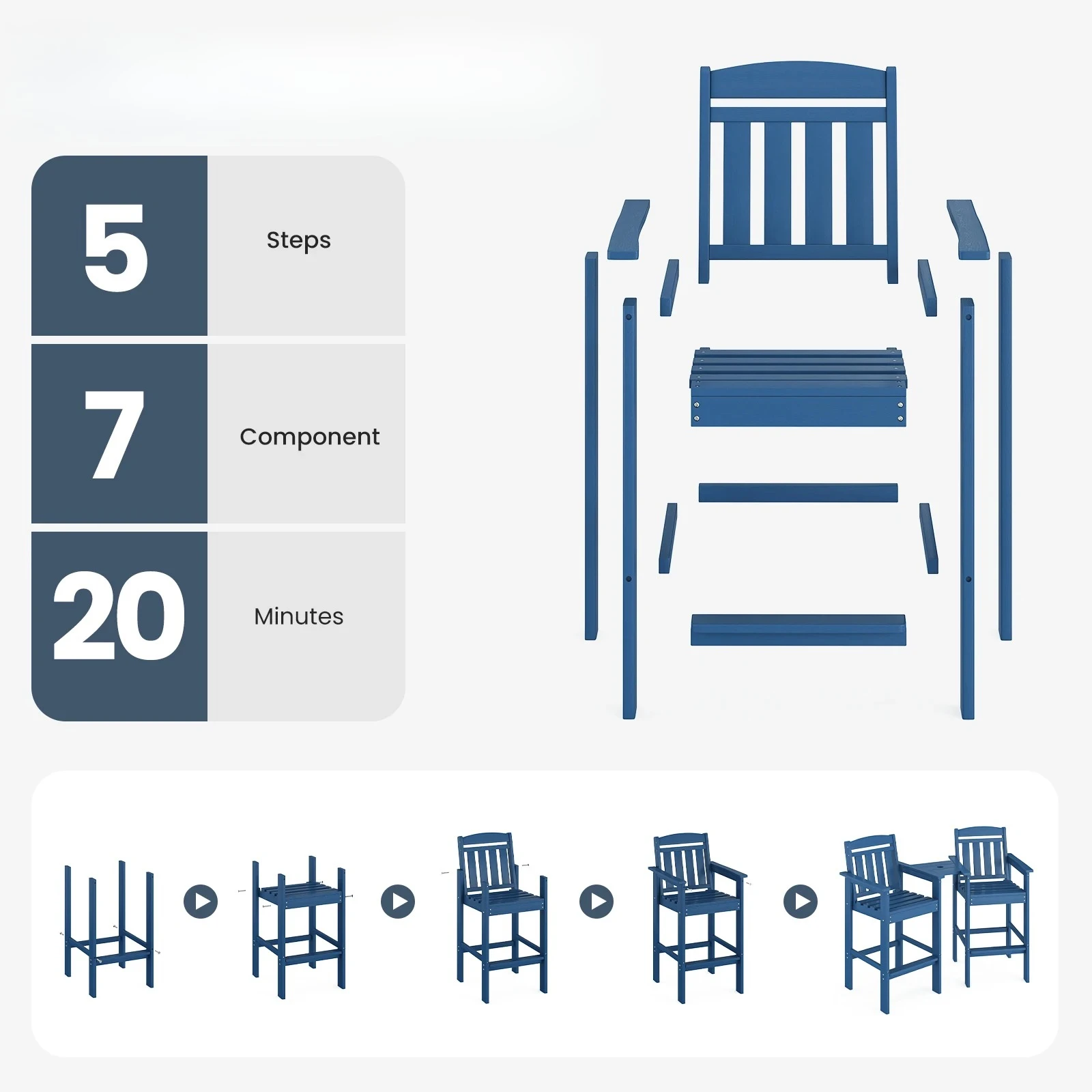 HDPE Bar Stools with Connecting Tray, All-Weather Patio Chair, Bar Height for Balcony，Farini Set of 2 Tall Adirondack Chairs