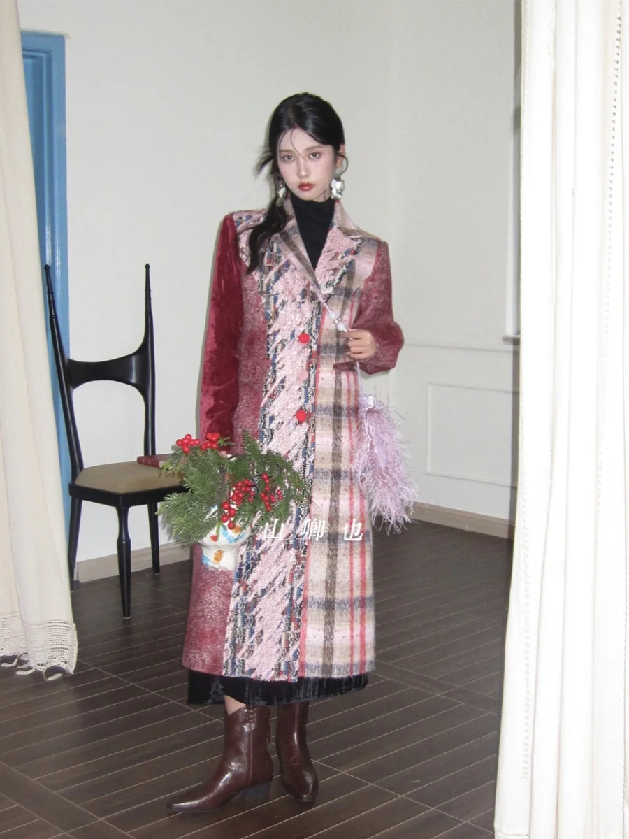 

Yaawa Long Woolen Jaet Four pes of Patchwork Slim Fit Suit Coat Pure Color Commute Sle Single Button Regular Sve