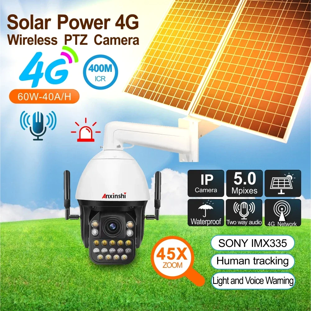 Anxinshi precio de fábrica luz de seguimiento humano automático y advertencia de voz misma vez cámara PTZ 4G con sistema Solar