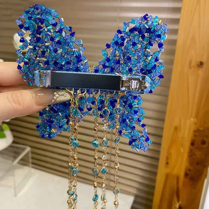 Luxury Beaded Butterfly Hair Clip Hand Woven Crystal Rhinestone Tassel Barrettes Spring Clip Banquet Party Hair Accessories