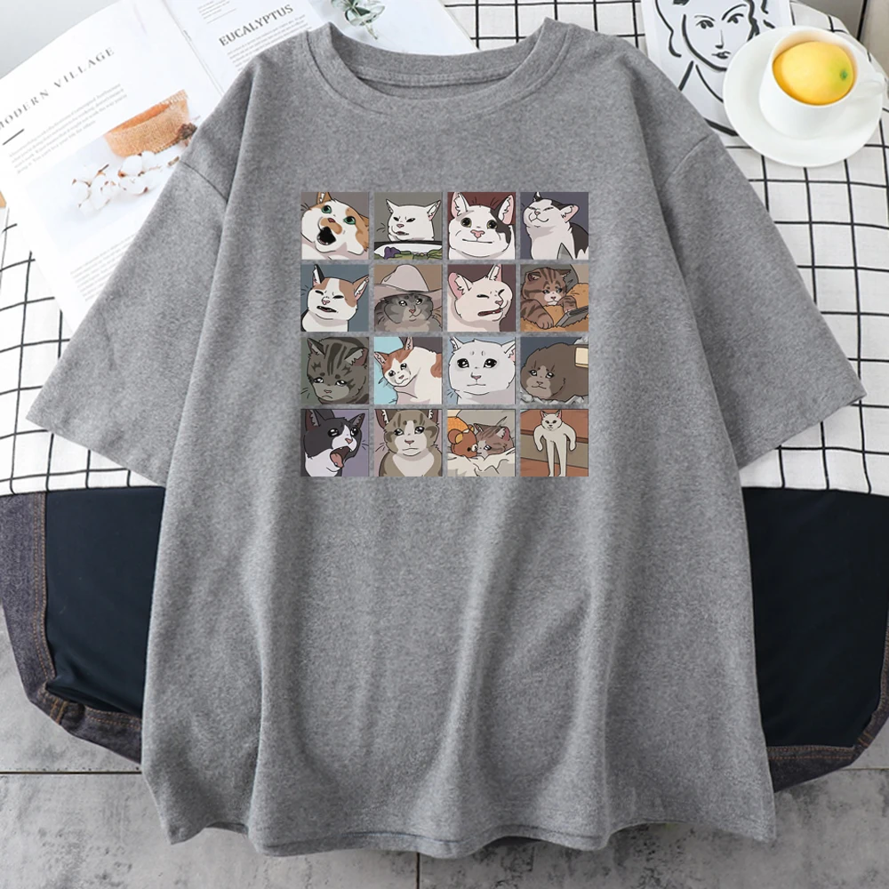 Camisetas de algodón con estampado de gato Meme para hombre, camiseta de calle Coreana de manga corta con cuello redondo, Tops informales de verano