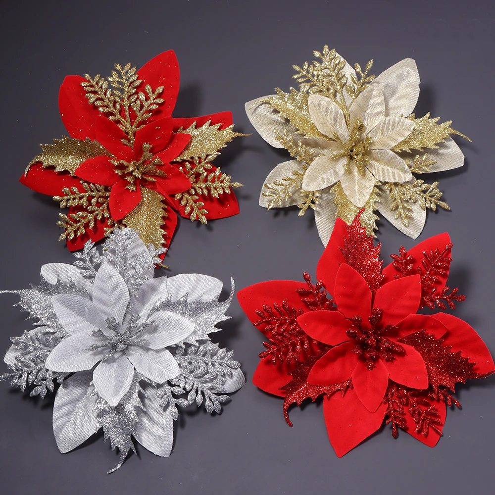 4/8 Stück Rot Gold Silber Weihnachtsblumen-Ornamente Glitzernde Kunstblumen für Weihnachtsbaum, Weihnachten, Neujahrsparty-Dekoration – Detail 6