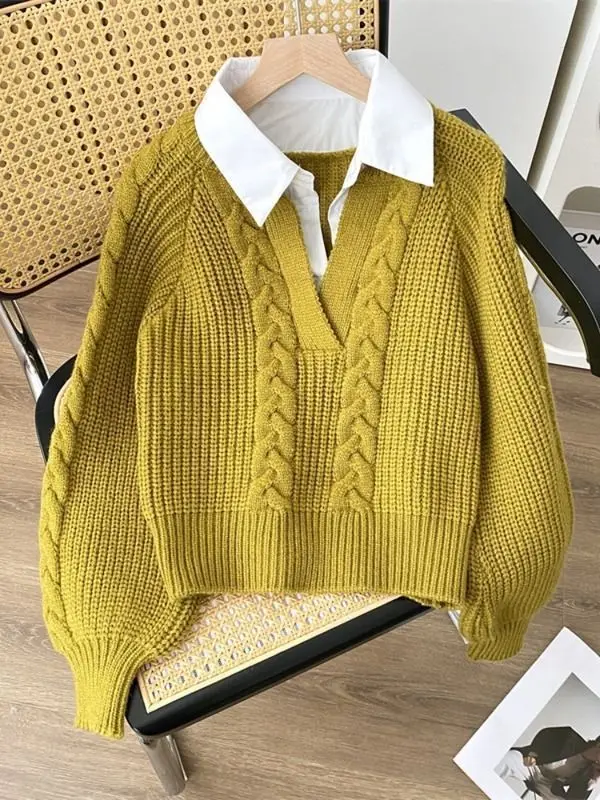 

Fake Two Piece Top Knit Sweater Women's Splice Shirt Collar 2025 Spring Autumn New Korean Loose Long Sleeve SweaterYellow Shirt