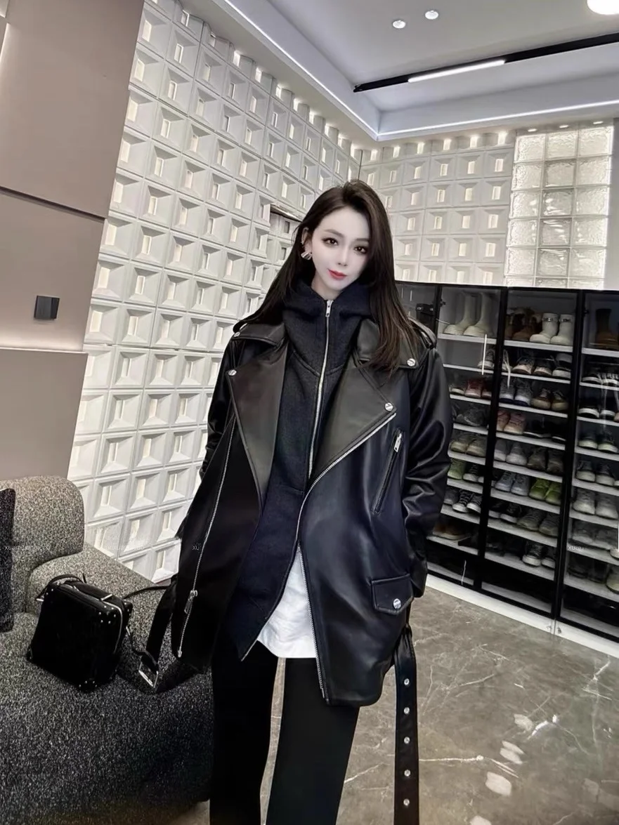 

Trendy Motorcycle Sle Thin Leather Jaet Women's Outerwear Long ape Spring New Arrival eep Skin Commute Sle Zipper C...