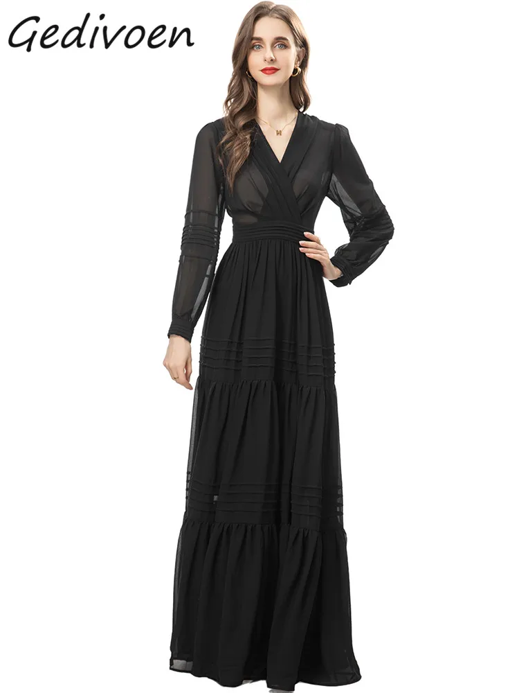 

Gedivoen Autumn Fashion Designer Black Vintage Pleated Dress Women's V Neck Long Sleeve Ruffles High Waist Slim Maxi Long Dress